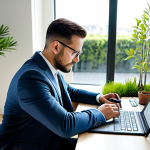 A professional male landscape architect, fully clothed in a modest business casual suit, seated at a clean, modern design studio desk. He is intently looking at a digital tablet displaying a detailed landscape design project, with a natural, focused pose. The background features large windows with ample natural light, a hint of drafting tools, and subtle potted plants, creating a sophisticated and creative workspace. Perfect anatomy, correct proportions, natural pose, well-formed hands, proper finger count, natural body proportions. Safe for work, appropriate content, fully clothed, professional, high quality, professional photography, sharp focus.