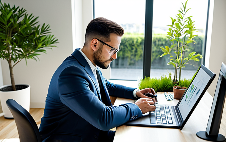 A professional male landscape architect, fully clothed in a modest business casual suit, seated at a clean, modern design studio desk. He is intently looking at a digital tablet displaying a detailed landscape design project, with a natural, focused pose. The background features large windows with ample natural light, a hint of drafting tools, and subtle potted plants, creating a sophisticated and creative workspace. Perfect anatomy, correct proportions, natural pose, well-formed hands, proper finger count, natural body proportions. Safe for work, appropriate content, fully clothed, professional, high quality, professional photography, sharp focus.