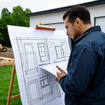 ** A professional landscape designer, fully clothed in a modest business casual outfit, reviewing blueprints at a construction site. Background shows a partially completed garden design with workers and equipment. Safe for work, appropriate content, perfect anatomy, natural proportions, professional.

**