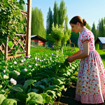 **A Cozy Dacha Garden:** "A vibrant, fully clothed woman in a floral print sundress tending to a lush garden at a traditional Russian dacha. Vegetables grow in neat rows, apple trees blossom in the background. Warm sunlight, perfect anatomy, natural proportions, safe for work, appropriate content, modest, family-friendly."