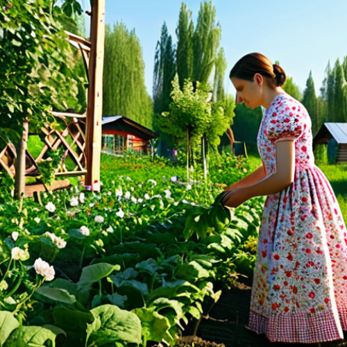 **A Cozy Dacha Garden:** "A vibrant, fully clothed woman in a floral print sundress tending to a lush garden at a traditional Russian dacha. Vegetables grow in neat rows, apple trees blossom in the background. Warm sunlight, perfect anatomy, natural proportions, safe for work, appropriate content, modest, family-friendly."