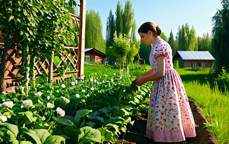 **A Cozy Dacha Garden:** "A vibrant, fully clothed woman in a floral print sundress tending to a lush garden at a traditional Russian dacha. Vegetables grow in neat rows, apple trees blossom in the background. Warm sunlight, perfect anatomy, natural proportions, safe for work, appropriate content, modest, family-friendly."