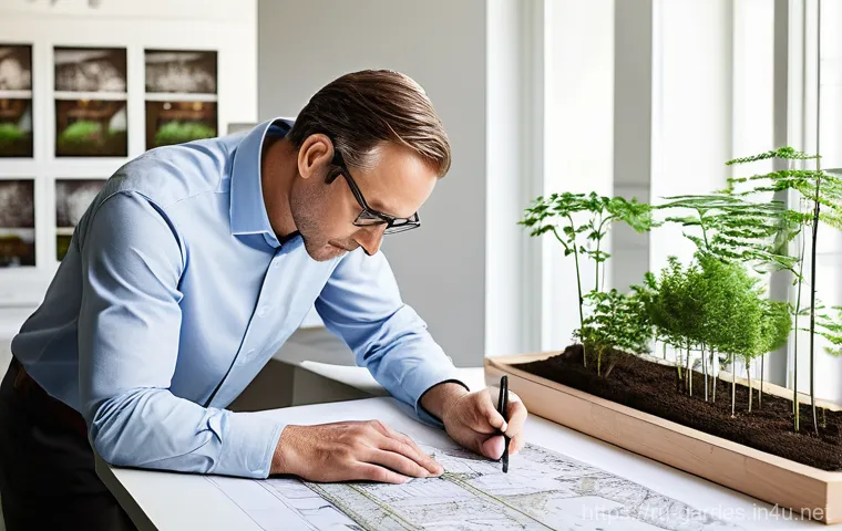 원예디자이너 이론 교육의 중요성 - **Prompt:** A landscape designer, a woman in her late 30s with a thoughtful expression, stands in a ...