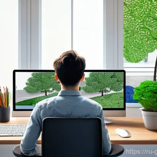 Home 21 원예디자이너 직무에 필요한 소프트웨어 - **Prompt 1: An aspiring landscape designer learning 3D modeling.**
A young adult, casually dress...