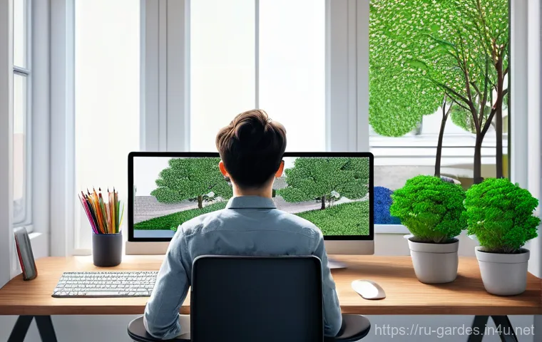 원예디자이너 직무에 필요한 소프트웨어 - **Prompt 1: An aspiring landscape designer learning 3D modeling.**
    A young adult, casually dress...