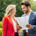 Home 8 원예디자이너 자격증의 중요성 - A professional female landscape designer, elegantly dressed in a tailored blazer and slacks, confide...