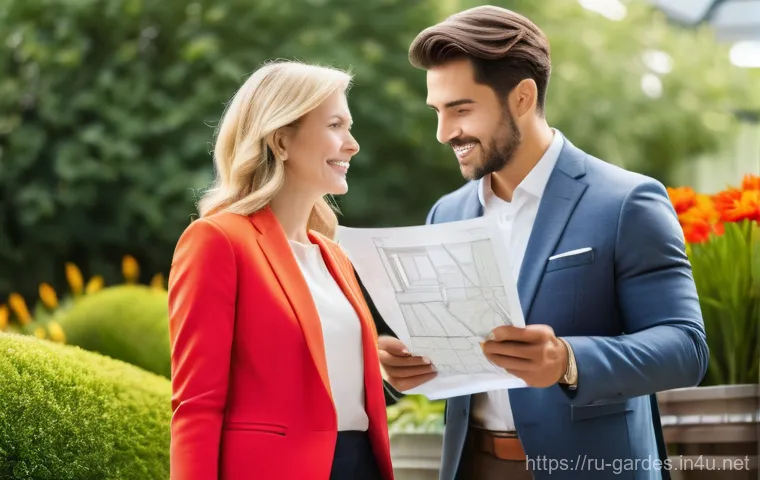 원예디자이너 자격증의 중요성 - A professional female landscape designer, elegantly dressed in a tailored blazer and slacks, confide...