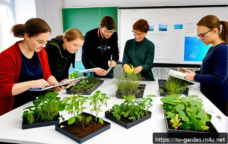 원예디자이너 관련 학위 과정 - A modern classroom setting in Russia where diverse adult students are engaged in a practical landsca...