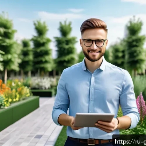 Home 32 원예디자이너 연봉 현실 - A professional landscape designer in a modern Moscow urban park setting, wearing smart casual clothi...