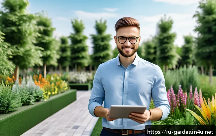 원예디자이너 연봉 현실 - A professional landscape designer in a modern Moscow urban park setting, wearing smart casual clothi...