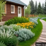 Home 18 원예디자이너 직무 기술 향상 방법 - A serene Russian suburban garden scene in the Moscow region during early spring, showcasing hardy, f...