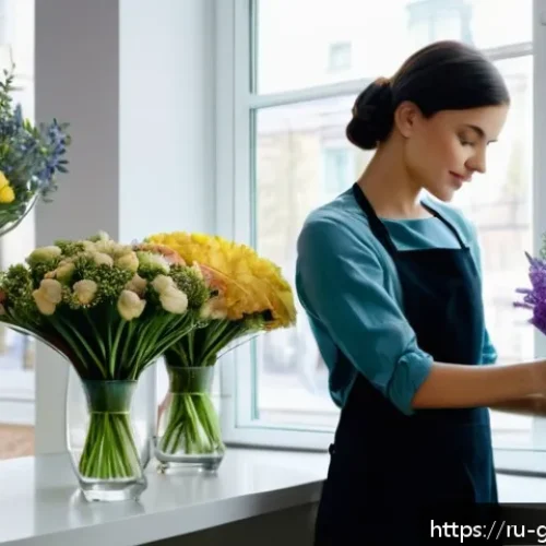 Home 17 원예디자이너 연봉 협상 시 유의사항 - A professional florist-designer in a modern Moscow flower shop, arranging a unique, artistic bouquet...