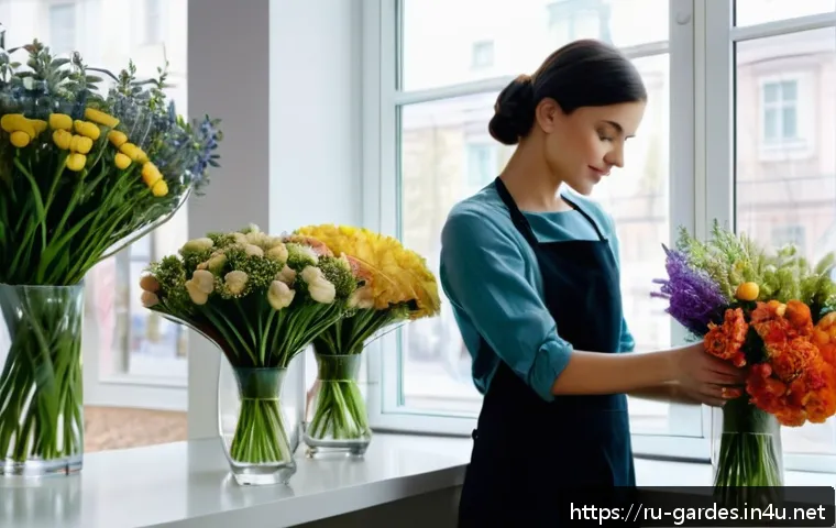 원예디자이너 연봉 협상 시 유의사항 - A professional florist-designer in a modern Moscow flower shop, arranging a unique, artistic bouquet...